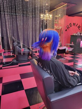 リミックス(REMIX by Love hair KING OF PRINCESS HAIR&EXTENTION) 原色派手髪 グラデーション 原色オレンジ原色ブルー原色パープル