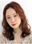三軒茶屋_レディース_セミロング_ピンクブラウン_コテ巻き_小顔