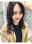 ラベンダーパープル　センターパート　ウェーブパーマ