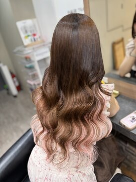 ラピス 横浜(Lapis) ブラウンカラーインナーピンクブリーチカラー髪質改善エクステ