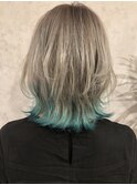 【ケアブリーチ】シルバーグレー&エメラルドグリーン/裾カラー