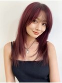 ピンクレッド顔周り小顔レイヤー髪質改善透明感カラー