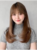 薄めバング美髪斜めバング艶感アプリコットオレンジうる艶髪