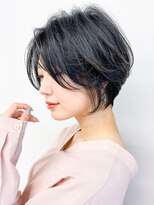 ショートパーマ/ボブルフ/小顔/黒髪ベージュ/長め前髪