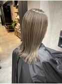 バレイヤージュ、ハイライト、レイヤーロング、グレーベージュ