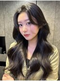 ワンホンヘア黒髪グレーベージュレイヤーロングアッシュカラー