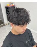 ダークアッシュニュアンスパーマ韓国マッシュベリーショート