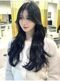 ブルーブラック カーテンバング 韓国ヘア