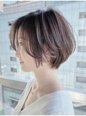 美髪シアーカラーピンクブラウンショートカット切りっぱなしボブ