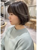 ミディアムヘアショコラベージュボブルフベビーバングカール