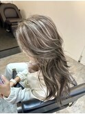 前髪ハイライトカラーこなれミディイメチェンウェーブパーマ