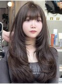 韓国ヘアロングレイヤーカットオリーブベージュ顔周りカット原宿