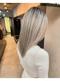 バレイヤージュ、ハイライト、レイヤーロング、グレーベージュ