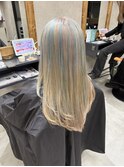 バレイヤージュ、ハイライト、レイヤーロング、グレーベージュ