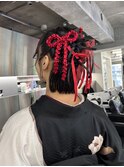 ダークトーンのリボンいっぱいボブ