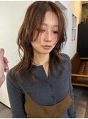 顔まわりレイヤー×艶ブラウンのセミロング