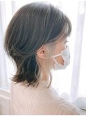 黒髪/グレーベージュ/レイヤーロング/前髪パーマ/