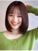 暖色カラー ミディアム シースルーバング 内巻き ロブ