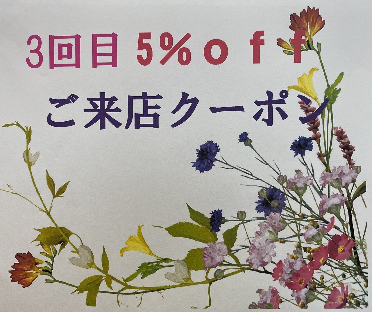 初来店から３回目ご来店クーポン☆5％ｏｆｆ（２回目ご来店から３カ月以内）