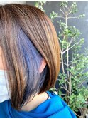 切りっぱなしボブ/インナーカラー/ネイビーブルー/ブルージュ