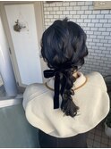 編み下ろし　ローポニー　ベロアリボンアレンジ　参列ヘア