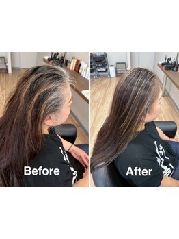 白髪を活かしたワンカラー施術でダメージレスに立体感と透明感を出す白髪ぼかし【白髪ぼかし/ハイライト】