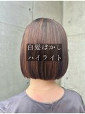大人ガーリー チョコレート 白髪ぼかし 小顔 丸みショートボブ