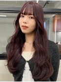 ダブルカラーチェリーレッドピンクブラウン韓国レイヤーロング