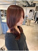 ピンクブラウン重めレイヤーセミロング髪質改善シェノン赤羽店