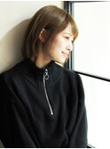 シースルーバングキャラメルベージュ斜めバング耳かけ前下がりm2