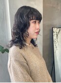 黒髪　地毛パーマ　ウルフヘア　ウルフパーマ　ミディアム