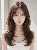 ミルクティーベージュミディアムヘアラベンダーカラー薄め前髪◎