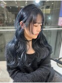韓国ヘア　ブルーアッシュカラー　透明感　顔周りカット　ロング