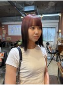 ケアブリーチデザインルーツボルドーカラーフルバングボブヘア