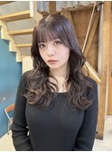ラベンダーブラウン透明感カラー顔まわりレイヤー波巻きパーマ