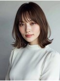 レイヤーカット 外ハネミディ ダークブラウン 前髪カット 30代