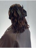 ヘアアレンジハーフツインリボンウェーブ巻きかわいい