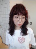 レッドカラー　暖色カラー　ミディアムパーマ