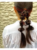 インナーカラー　レッドオレンジ　ねじねじアレンジ