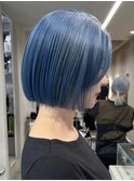 ダブルカラーブルーアッシュカラーケアブリーチショートボブ