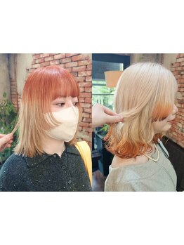 ケアブリーチでダメージレスな暖色カラーに。派手すぎないのにお洒落な質感で、スタイルにアクセントを―