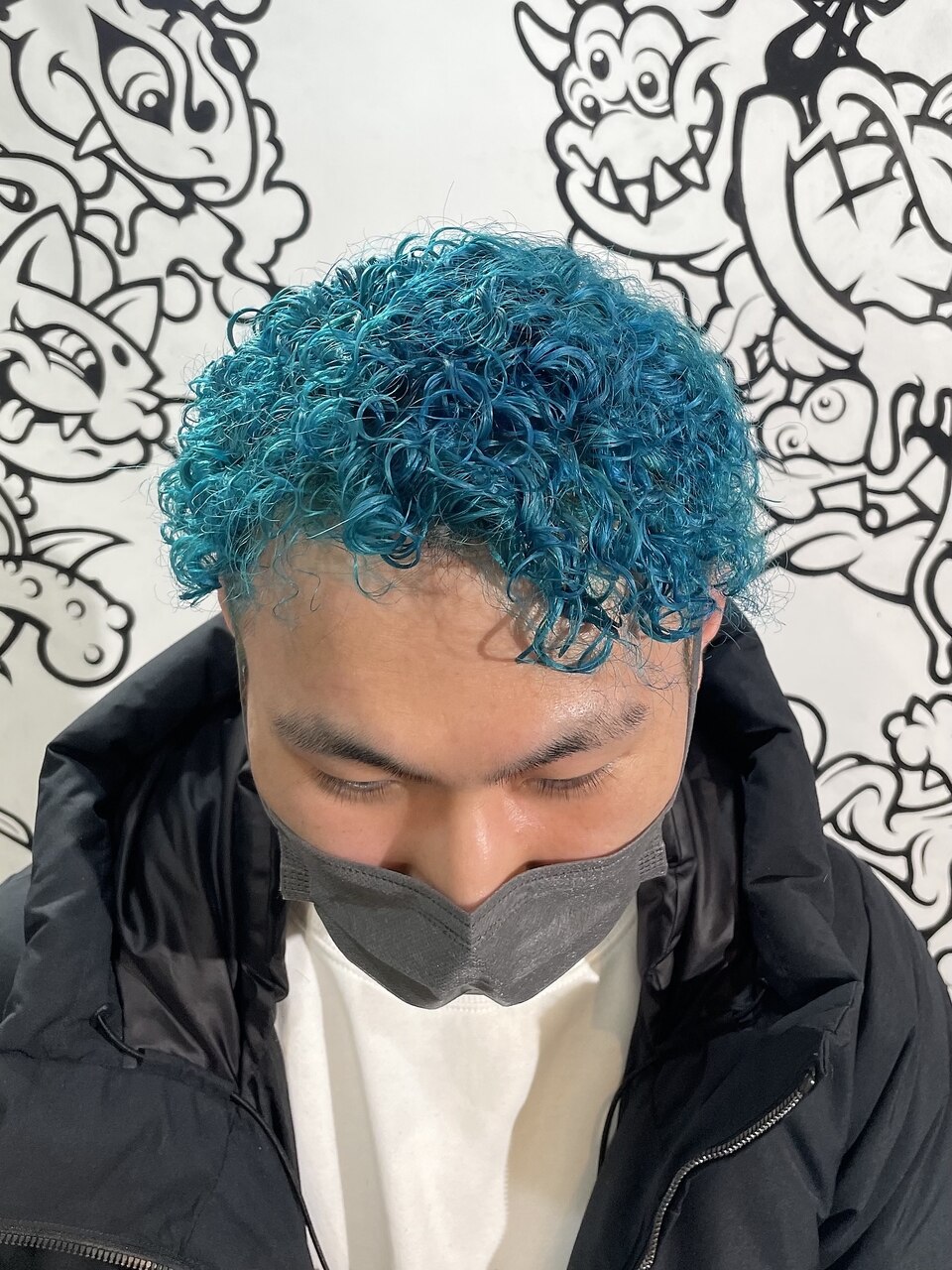 カーリーアフロ】ターコイズブルー 【パンチパーマ】：L147785185