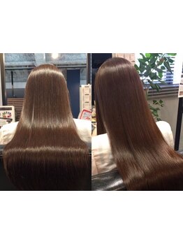 ［髪の毛が生えている場所ごとに薬剤の濃度を細かく塗り分けるこだわり]プロの技術で美しいストレートに