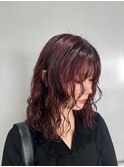 20代30代 癖毛風パーマ ワインレッド ブリーチなしカラー