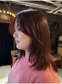 レイヤーカット顔まわりレイヤーボルドーカラーピンクブラウン