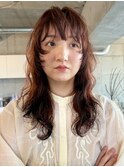 20代30代ピンクブラウンウルフパーマラフウェーブロングウルフ