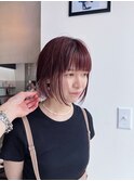 小顔　ワンレン　インナーカラー　フルバング　　レッドブラウン