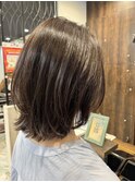 ロングショートワンカールパーマカーキグレージュ前髪錦糸町