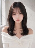アッシュグレー前髪ありミディアムレイヤー姫カットエギョモリ◎