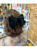 ハーフアップ　ボブヘアアレンジ　リボン